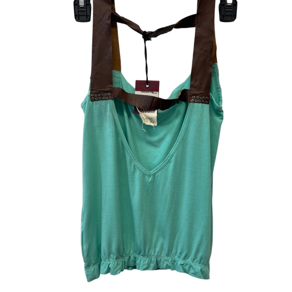 NWT Vintage Parasuco Mint Teal Sleeveless Top with Brown Leather Straps